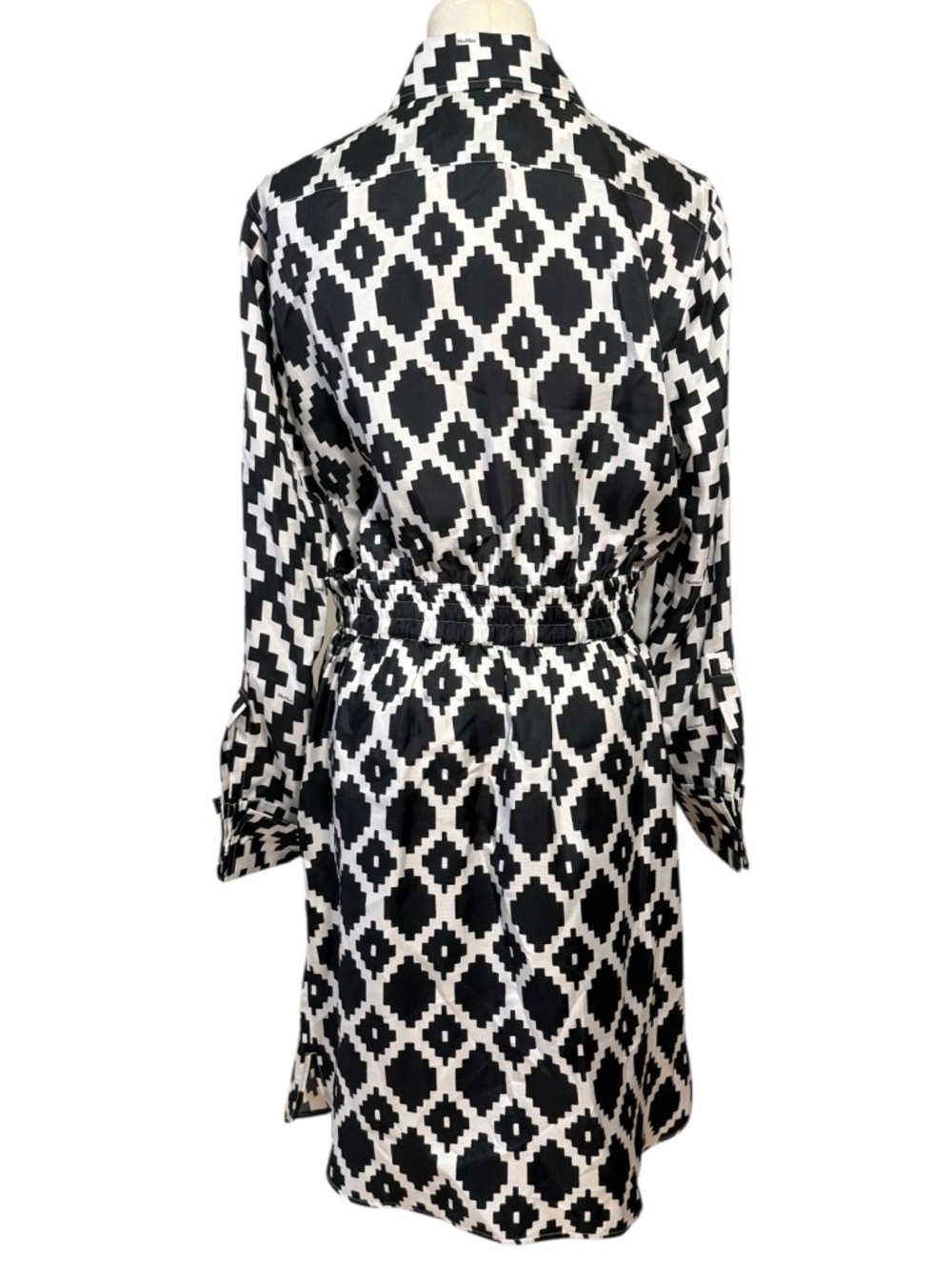 Max Mara Silk Shirt Geometric Print Cinched Waist Dress In Black & White Size 8 - Picture 4 of 13